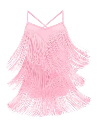 IBAKOM Girl Fringe Latin Jazz Bodysuit Dress Lace Up Back Tassel 1920s Sparkly Ballroom Dancwear Roaring 20s Girls Flapper Dress Kids Salsa Leotard Concert Western Cowgirl Romper Pink 7-8 Years