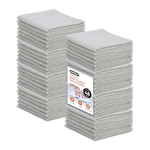 Superio Cotton Terry Washcloths Grey Towels 100% Cotton Cleaning Cloth Rags Wash Clothes for Body and Face, Spa Towels, Multi Purpose (12"x12"), 48 Pack
