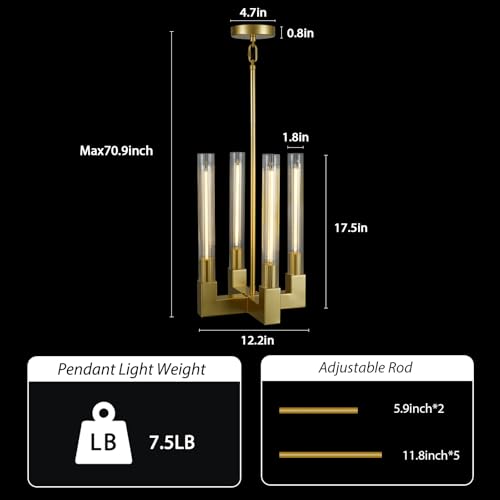 4-Light Chandelier,Glass Tube Brass Pendant Lights Kitchen Island,Modern Farmhouse Pendant Light,Gold Kitchen Pendant Lighting Over Island,Indoor Chandeliers for Dining Room,Bedroom,Entryway