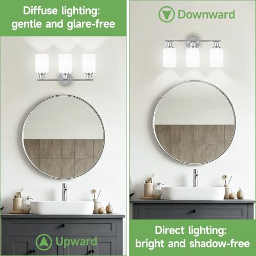 Image of 3-Light Chrome Vanity Lights for Mirror, Bathroom Light Fixtures with Textured Milky White Glass Shade, Modern Kitchen Light Fixtures Wall Sconce Light