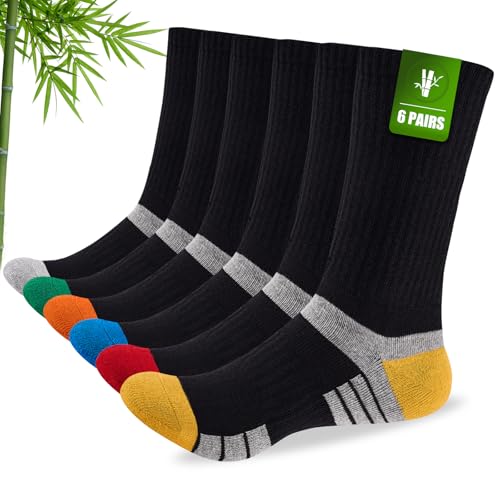 Stoeury Mens Bamboo Socks, Wicking Breathable Cushioned Sports Socks for Hiking Walking Athletics Working Running Trekking Cycling, Men Women, Outdoor Anti Blister Crew Seamless Sock Gifts 6 Pairs