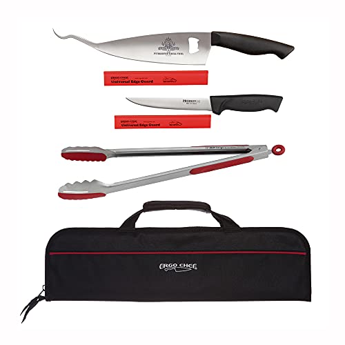 Ergo Chef Myron Mixon Pitmaster BBQ Kit Grilling Tool, Boning Knife, Duo Tongs, Edge Guards and 5 Pocket Bag, 6-Piece Set, red and black