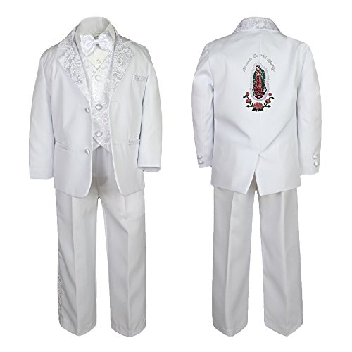 Image of Baby Boy Teen Baptism Formal White Paisley Suit Silver Guadalupe on Back SM-20