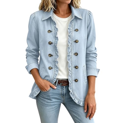 Denim Jacket for Women Ruffles Trim Button Western Oversized Jean Coats - image 5