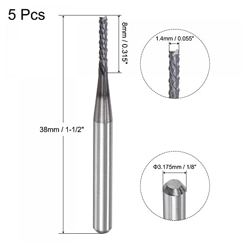 Image of uxcell End Mill CNC Router Bits, 1.4mm x 8mm 1 /8 inch Shank Diamond Film Coated Carbide Engraving Bit Milling Cutter Left Hand for PCB Plastic Fiber Wood 5pcs