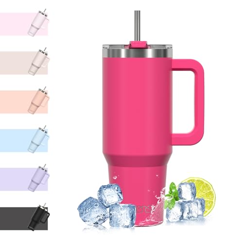 WATERSY 40oz Kaffeebecher to Go Thermobecher Doppelwandiger Edelstahl Vakuum Auslaufsicher Trinkbecher mit Griff und Strohhalm, Tragbare Autobecher Thermal Tumbler Dunkelrosa für Kalte Heiße Getränke