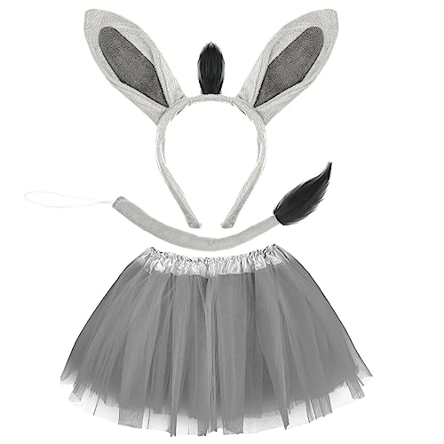 Newcotte 3 Pcs Halloween Costume Animal Tutu Ears Headband Tail Fancy Dress Costume Kit for Halloween Cosplay(Donkey 18-28 Years)