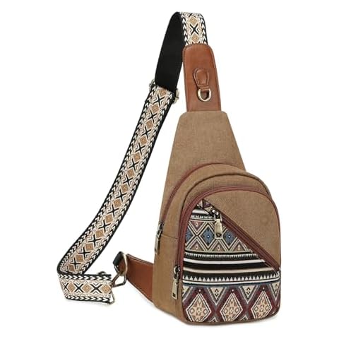 OPAGE Small Canvas Sling Bags for Women, Boho Crossbody Bags Fanny Packs Chest Bag for Hiking, Work, Shopping, Brown Cover