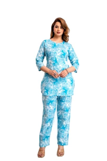Image of Women's Pure Cotton Printed Night Suit,Top and Relaxed Pajama Set, Stylish Sleepwear