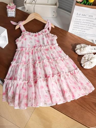 Image of Buy & Try Girls Printed Georgette Frock, Sleeveless Summer Dress, Lightweight Knee Length Baby Girl Dress, Casual Outfit, Soft Comfortable Fabric, Stylish Kids Wear