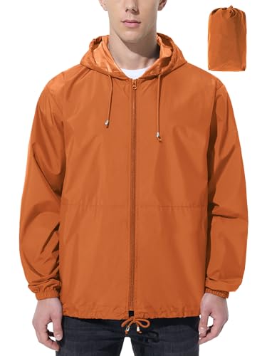 UIQUR Mens Rain Jacket Raincoat Windbreaker Running Waterproof Lightweight Packable with Hood Travel Hiking Cycling Orange L
