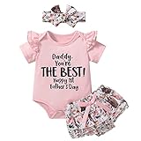 Canis Happy 1st Father's Day Baby Girl Outfit Ruffle Short Sleeve Romper Cow Layered Shorts Set with Headband (Pink Happy 1st Father's Day, 6-12 Months)