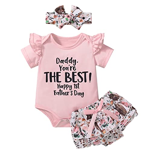Image of Canis Happy 1st Father's Day Baby Girl Outfit Ruffle Short Sleeve Romper Cow Layered Shorts Set with Headband
