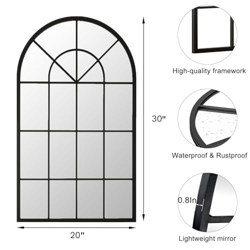 Image of Dewfig Arched Wall Mirror, 30 inchx20 inch Metal Frame Windowpane Mirror, Black