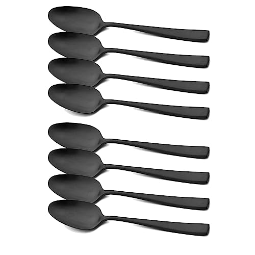 Snplowum Black 18/10 Stainless Steel Dessert Spoon Set of 8, Soup Spoon Mixing Milk Teaspoon Cream Scoop, Matte Finish (6.69-inch)