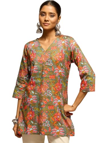 Image of Amazon Brand - Tavasya Women Floral Printed Short Kurti | Casual Wear| V- Neck | 3 /4th Sleeves | Cotton | (Regular Fit) |