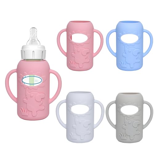 Image of WAJIAYON 4 Pack Silicone Sleeves for Dr. Brown's Glass Baby Bottles -Drop Protection Easy-Grip Baby Bottle Sleeves Holder with Handles, Compatible with Dr. Brown's Newborn Glass Bottles 4 oz/120 ml