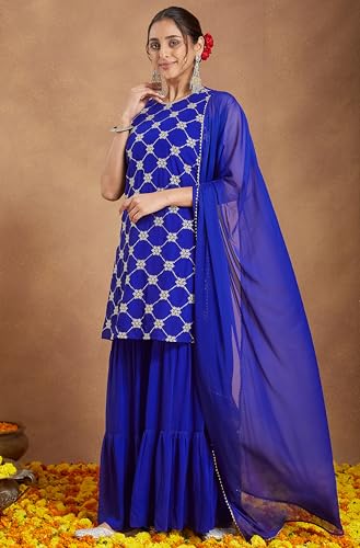 Image of Janasya Women's Royal Blue Georgette Zari Embroidered Straight Kurta with Sharara & Dupatta Set