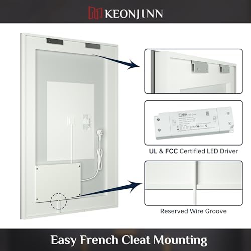 Keonjinn 48 x 36 Inch LED Mirror for Bathroom with Lights, Dimmable 3 Color Temperatures Lights, Front Lighted Vanity Mirror Anti-Fog Shatterproof Tempered, UL Listed LED Driver(Horizontal/Vertical)