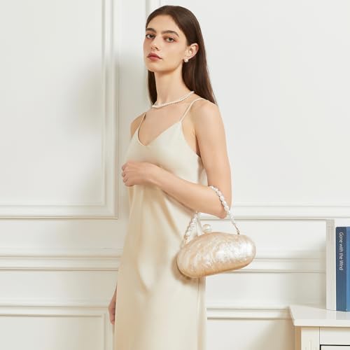 Image of Huralona Acrylic Evening Clutch Purses for Women Shell Handbag Chic Clutch Bag With Baroque Irregular Pearl Chain Strap