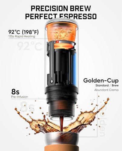 Fanttik Cafein 11 Portable Espresso Maker, 20 Bar Coffee machine with USB-C | Portable&Compact, 135s Rapid Heating, Golden-Cup Extraction, IP65, 4500mAh*3, Travel, Fishing, Hiking, Party, Gym,Office