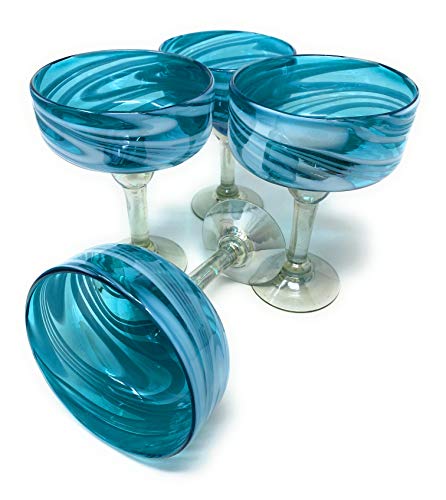 Dos Sueños Mexican Hand Blown Glass – Set of 4 Hand Blown Margarita Glasses Aqua Swirl (16 oz) - Thumbnail 3