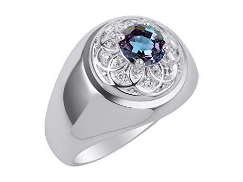 Image of Rylos Men's Designer Gypsy Ring with 7MM Round Gemstone & Diamond - Birthstone Rings in Sizes 8-13 in Sterling Silver