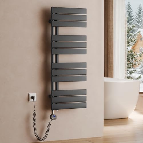 S'AFIELINA toallero eléctrico con termostato Antracita, 1041x400mm, 400W, radiador eléctrico para Toallas, Resistencia eléctrica, Temporizador, termoarredo para baño, Panel con conexión Lateral