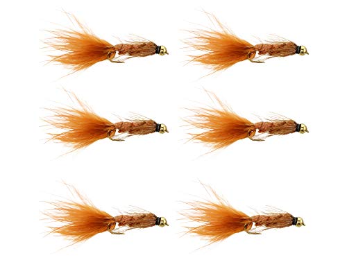 Wild Water Fly Fishing Bead Head Brown Wooly Bugger Flies Streamer, Size 10, 6 Pack for Trout, Largemouth Bass, Smallmouth Bass, Bluegill, Sunfish, Perch and Other Lake & River Fish