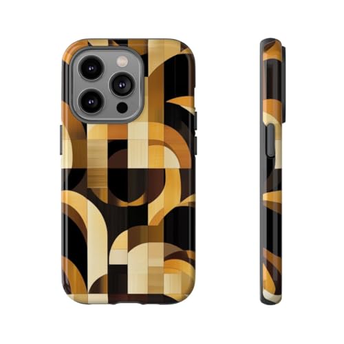 Coque rigide brillante iPhone 14 Pro avec motif géométrique marron et doré