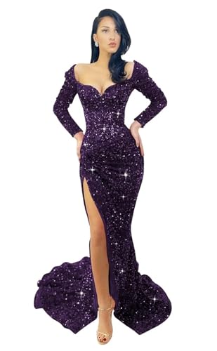 Women's Sequin Prom Dress with Slit Long Sleeve Mermaid Evening Gown Long Sparkly Ruched Formal Party Dress