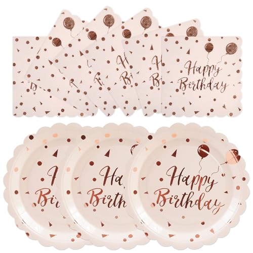 HFBOBP 50PCS Happy Birthday Paper Plates and Napkins Set - 7 Inch Pink Rose Gold Birthday Cake Plates Scalloped Dessert Plate Disposable Tableware for Birthdays Party Supplies Decorations