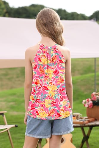 Image of BesserBay Girls Summer Back Button Halter Neck Tank Top Cold Shoulder Casual Blouse Pleated Sleeveless Shirts 5-14 Years