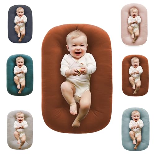 Loevin Baby Lounger, Baby Lounger for Newborn 0-24 Months, 100% Breathable Cotton Baby Nest for Tummy Time & Diaper Changes, Portable Infant Essentials for Home & Outdoor(Coffee)