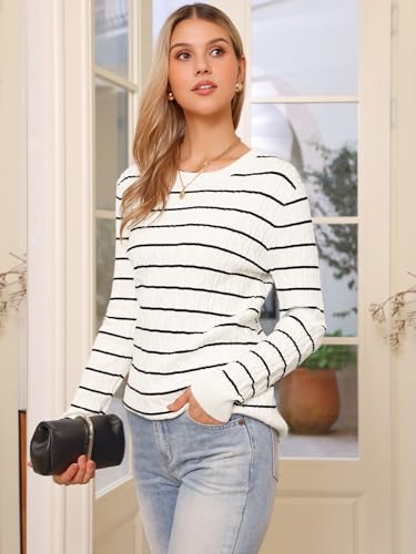 Allegra K Striped Sweater Tops for Women's Cable Knit Round Neck Fall Winter Pullover Sweaters Trendy4