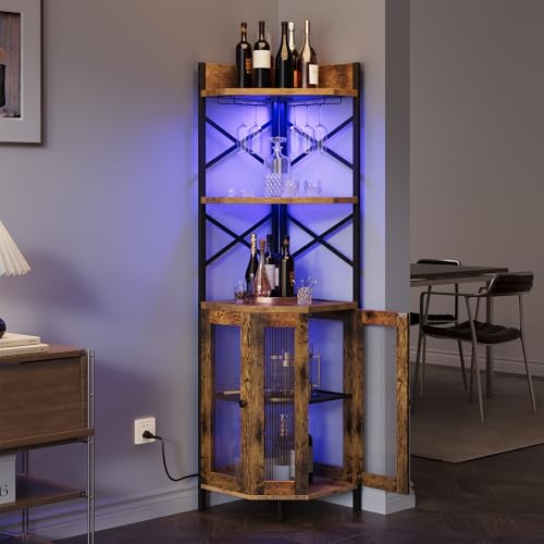 Corner Bar Cabinet with Power Outlet, 5-Tier Corner Wine Cabinet with Led Strip and Glass Holder, Industrial Tall Liquor Cabinet Bar Wine Rack for Home, Rustic Brown - Image 4