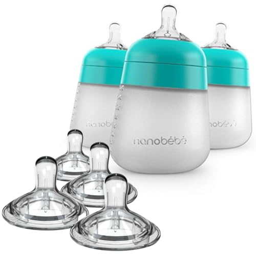 Image of Nanobebe Silicone Baby Bottles 9oz 3pk Teal Bundled with Silicone Baby Bottles Nipples 4pk Medium Flow