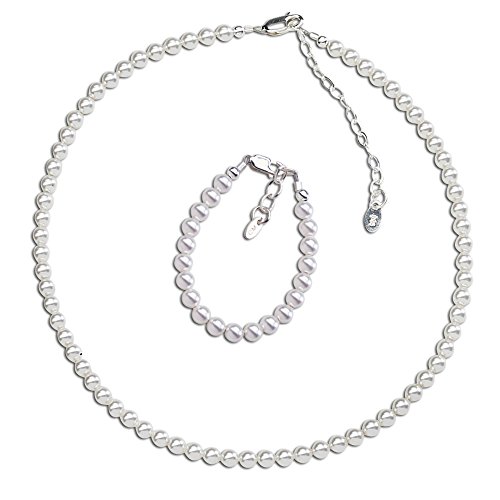 Precious Pieces Children's Sterling Silver Flower Girl High-End Austrian Simulated Pearl Bracelet, Necklace or Set for Girls, Toddlers, or Kids