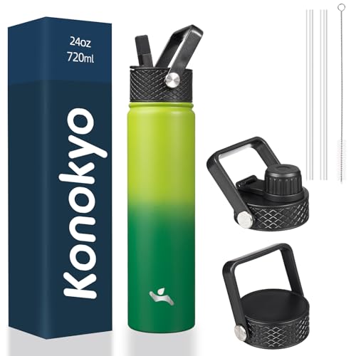 Konokyo Insulated Water Bottle 24oz Stainless Steel Sport Bottles with 3 Lids,Bamboo Grove
