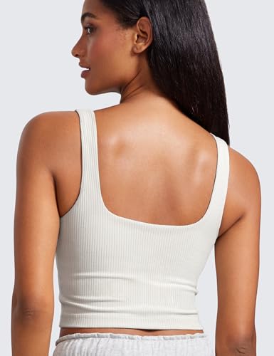 Image of CRZ YOGA Ribbed Henley Crop Tank Tops | Medium Support, Removable Pads, Casual, Square Back, Wide Straps, Longline Sports Bras for Women