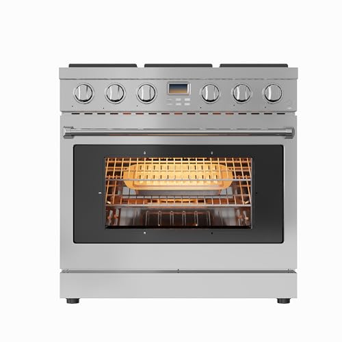 36 Inch Freestanding Dual Fuel Range Oven Stove, 6.0 Cu.Ft, Stainless Steel Electric Convection Oven with Self Clean, 6 Sealed Gas Burner for Home and Commercial Use