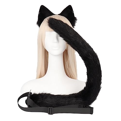 ILUFAM Cat Ears and Tail Set Cat Fox Ears Hair Hoop Long Animal Tail Halloween Anime Party Cosplay Costume Accessories (Black)
