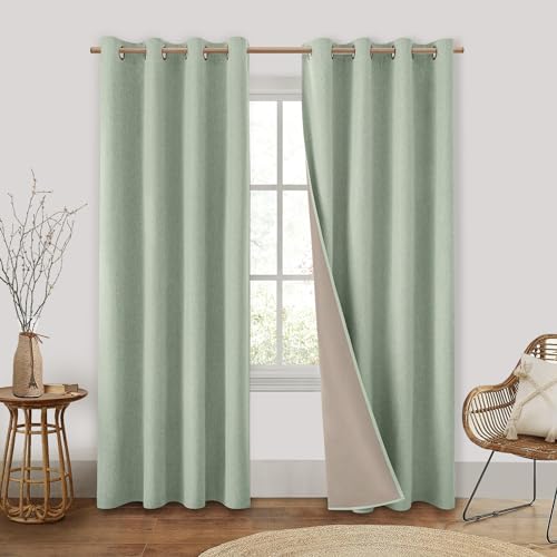 HOMEIDEAS Sage Green 100% Blackout Curtains, 2 Panels Faux Linen Room Darkening Curtains 52 X 84 Inches Thermal Insulated Grommet Fall Drapes for Living Room, Bedroom