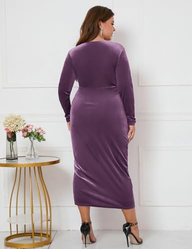 Image of ZOMVA Plus Size Velvet Wrap Dress Ruched Bodycon Dress Long Sleeves Ruffle Long Elegant Party Wedding Guest Cocktail Holiday