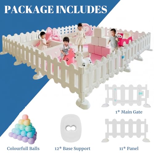 Image of Playpen for Babies upto 5 year Baby Play Area Indoor Setup Foldable Play Yard Fence for Toddlers Kids Playarea Setup Outdoor Children Play Area with Gate, Balls, Basketball Stand, mat, drawing board sketch (White, 12 Panel)