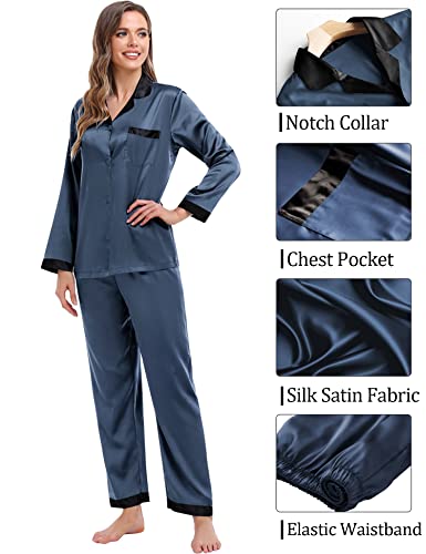 SWOMOG Couples Pajama Sets Women & Men Silky Satin Long Sleeve Sleepwear Classic Button Down Soft Loungewear Pjs Set Men Deep Grey Medium4
