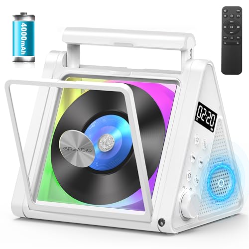 Greadio Portable CD Player,4000mAh Rechargeable CD Speaker with Bluetooth Vertical CD Player FM Radio/RGB Lights/Remote Control/Opt/USB/3.5mm Audio Jack/Handle for Home Music Lover