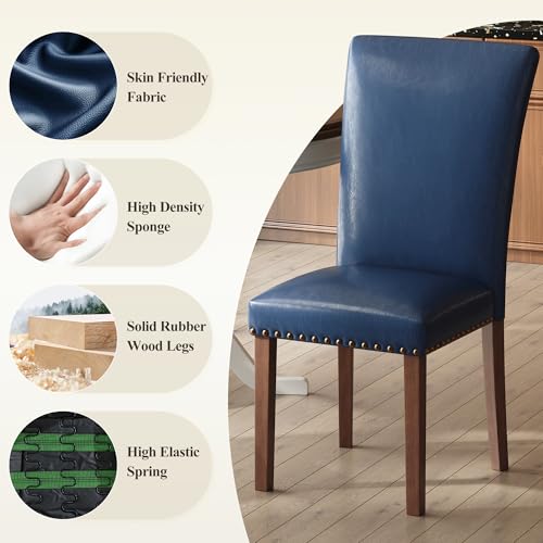 Image of COLAMY Upholstered Parsons Dining Chairs Set of 4, PU Leather Dining Room Kitchen Side Chair with Nailhead Trim and Wood Legs - Blue
