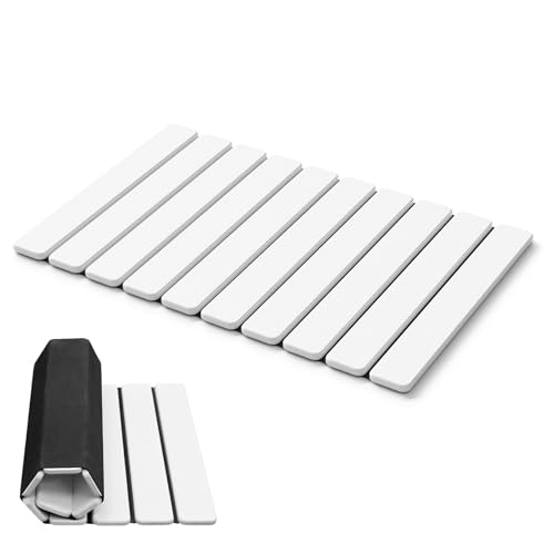 Image of AWW Foldable Stone Bath Mat, Diatomaceous, 23.6 inchx15.5 inch, White | Quick-dry surface, super absorbent design, easy-clean finish, non-slip mat included, and compact storage for small bathrooms