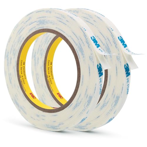 3M 1600T Double Sided Tape, 0.39 in x 18 ft White PE Foam Tape, 2 Pack
